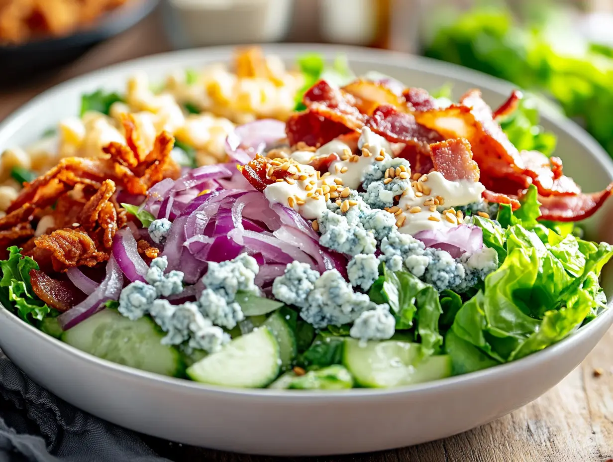 blue cheese salad with creamy dressing and toppings
