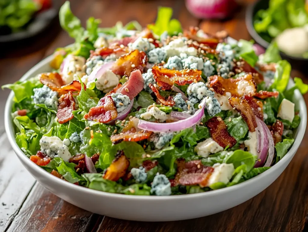 blue cheese salad with creamy dressing and toppings