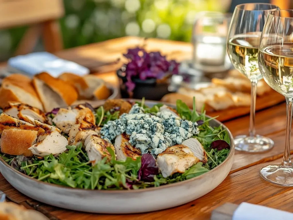 blue cheese salad served with grilled chicken and wine