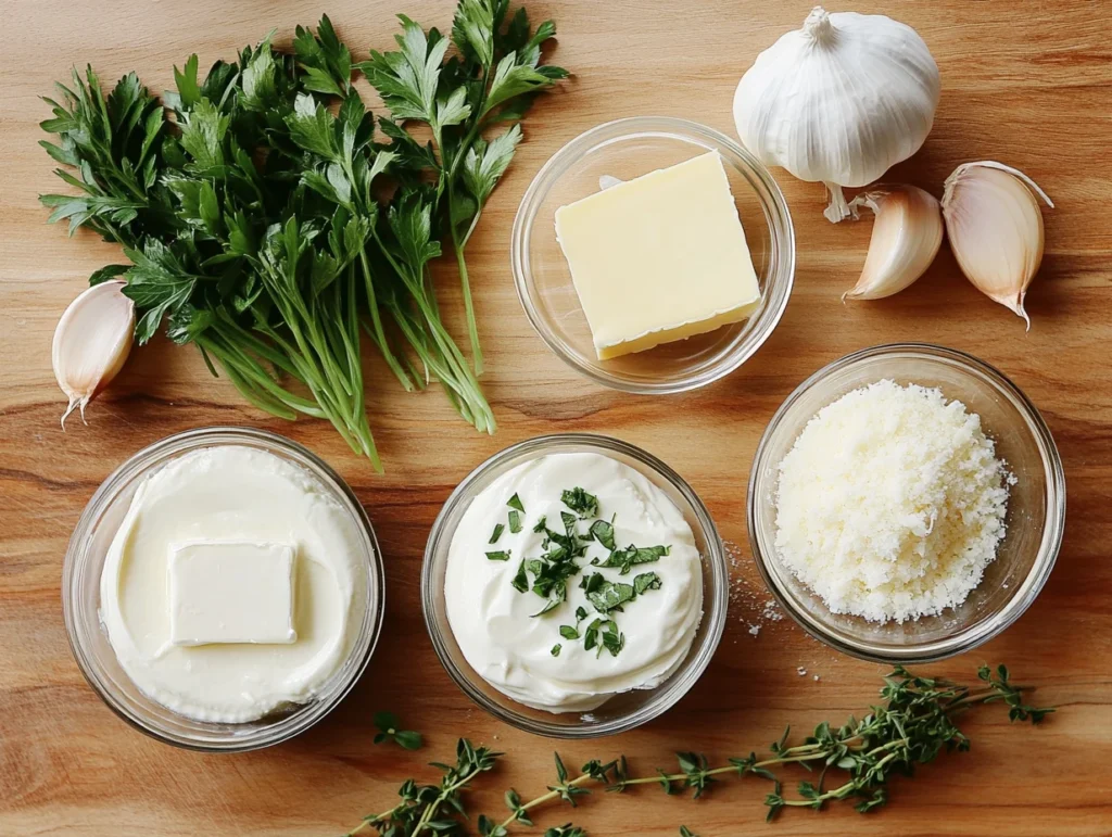 Ingredients for Boursin cheese recipe on wooden counter