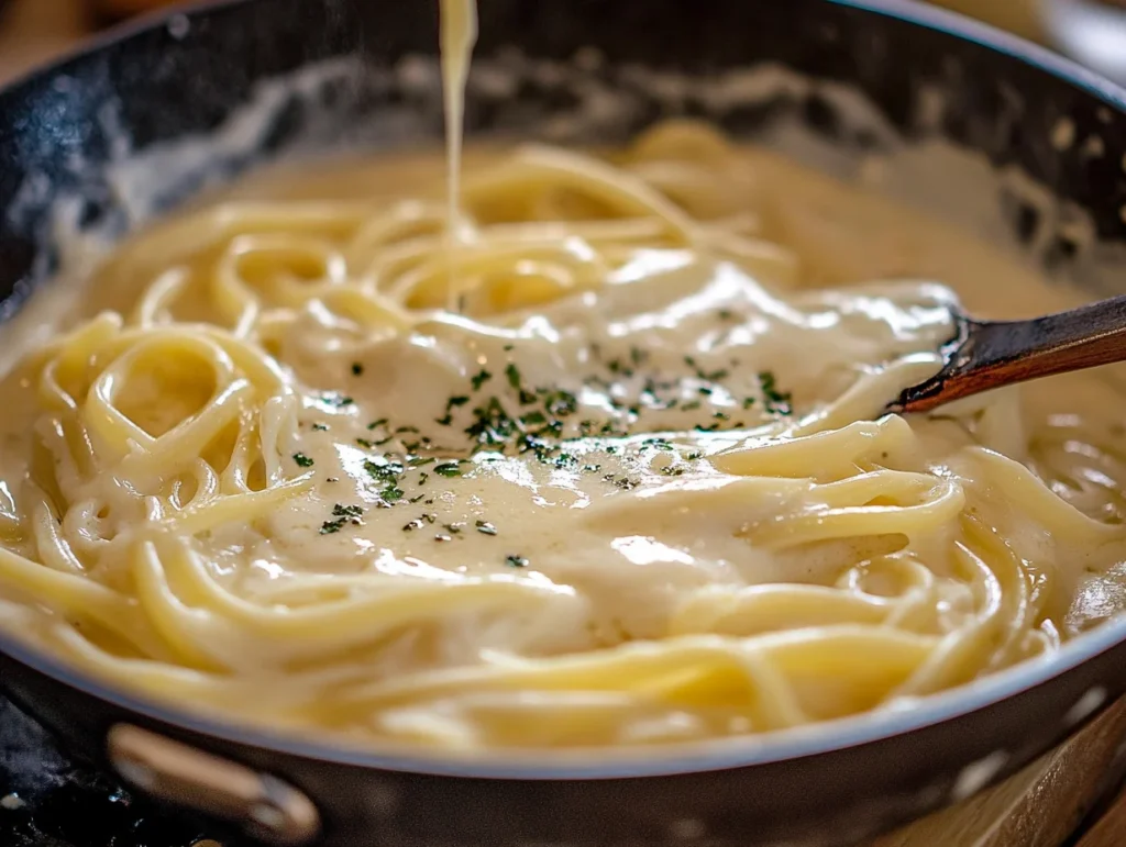 Melting homemade Boursin cheese into a pasta dish