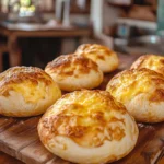freshly baked Brazilian cheese bread recipe in farmhouse kitchen
