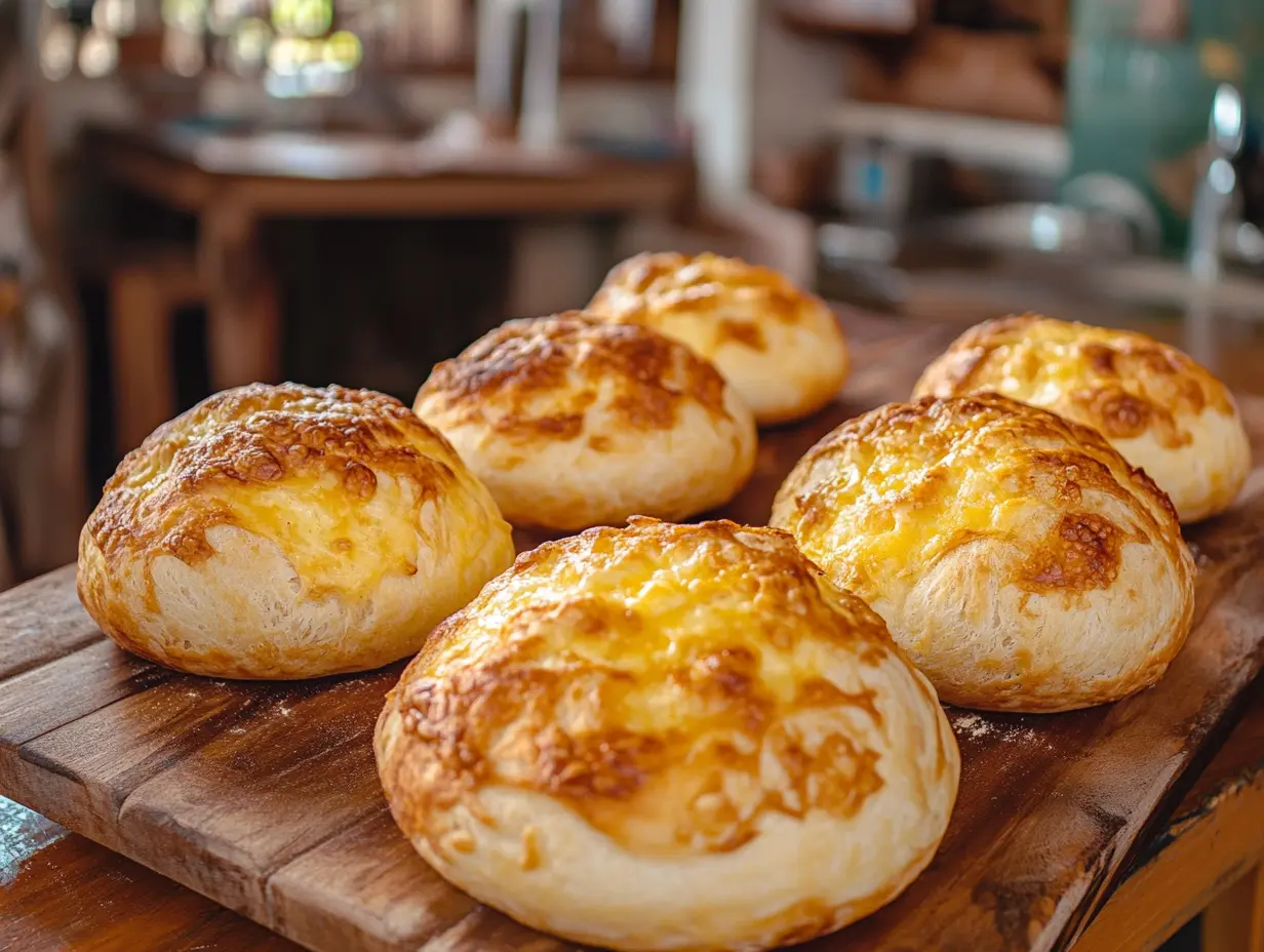 freshly baked Brazilian cheese bread recipe in farmhouse kitchen