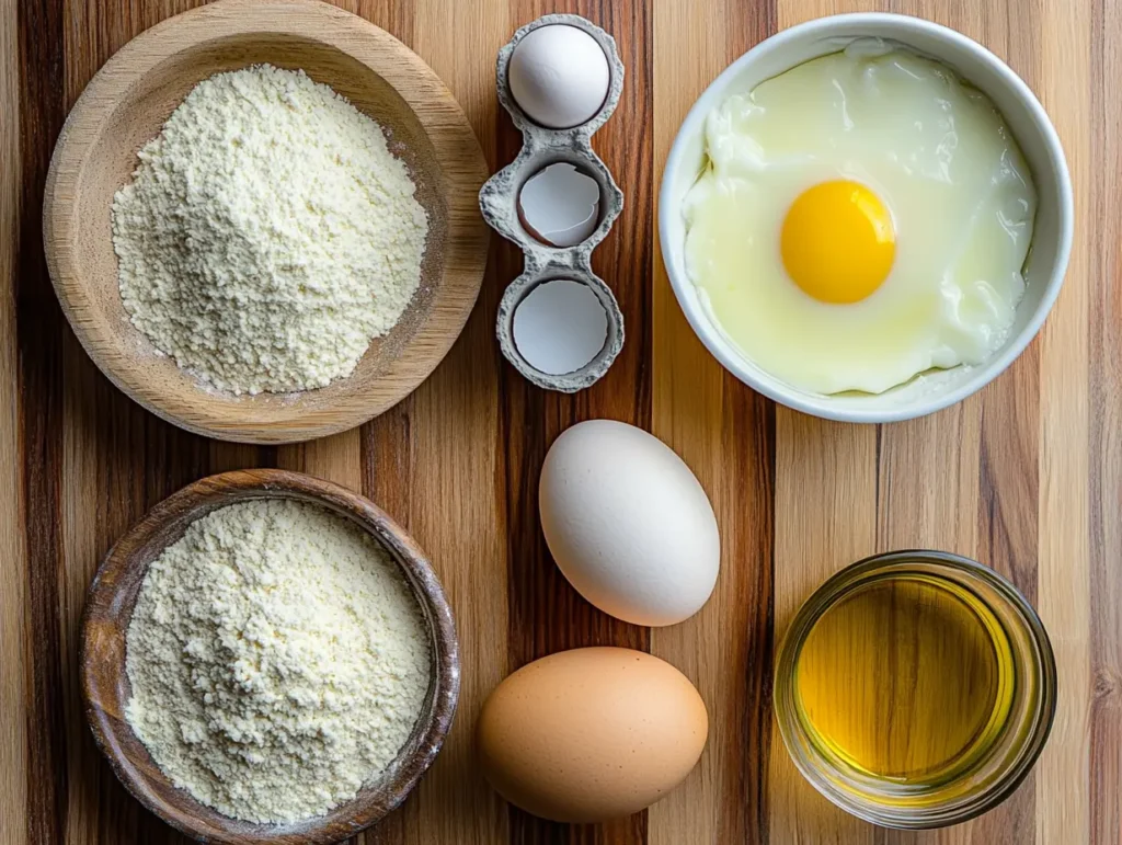 Brazilian cheese bread recipe ingredients on rustic kitchen counter